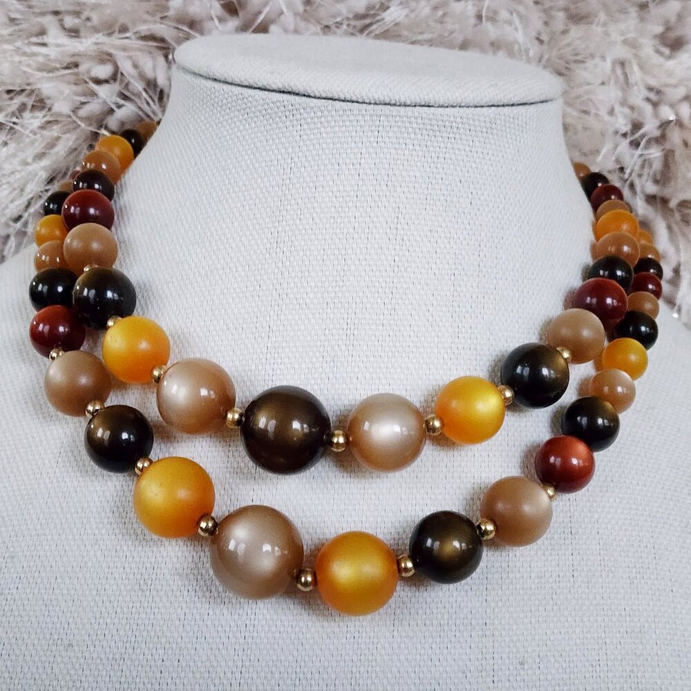 Vintage Two-Strand Necklace Choker Multicolor Moonglow Lucite Beads Gold